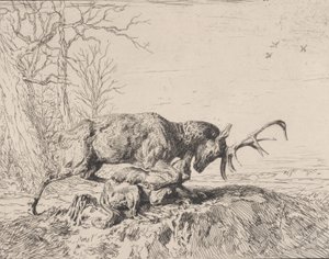 Stag Fighting a Wolf, after Antoine Louis Barye, 1846 by Charles Emile Jacque