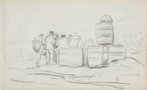 Study of a Group of People with Barrels (recto); Two Studies of a Woman Gleaning (verso) by Charles Francois Daubigny