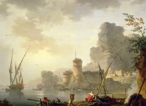 A Mediterranean Harbour Scene at Sunset by Charles Francois Lacroix de Marseille
