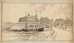 A Sailing Boat on the Beach at Low Tide, by a Lane Leading Up Towards a Village