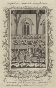 Sir John Dimmock Performing the Ceremony of the Champions Challenge at the Coronation of Richard II in Westminster Hall, 1377 by Charles Grignion