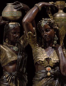 Detail of two bronze torcheres in the shape of Indian women carrying vases by Charles Henri Joseph Cordier