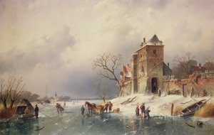 Frozen Winter Scene by Charles Henri Joseph Leickert