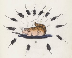 Gluttonous cat on a plate surrounded by hungry mice
