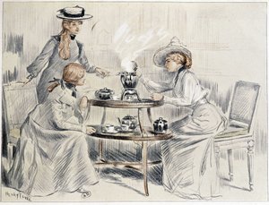 Ladies taking tea around a small samovar - drawing by Henri Tenré, ca. 1910 by Charles Henry Tenre
