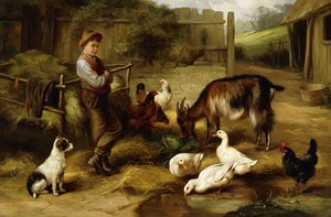 A Boy with Poultry and a Goat in a Farmyard by Charles Hunt