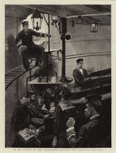 In the Turret of H M S Conqueror, loading the Forty-Five Ton Guns