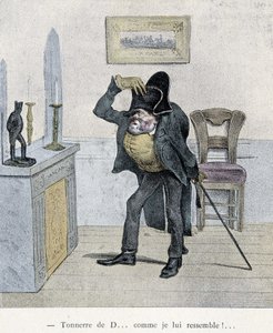 Thunder of D... as I look like him!... Cartoon of Travies dating from the 19th century depicting a man comparing himself to a statuette of Napoleon.