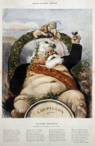 Armand Fallières, winemaker: caricature of Fallières en Bacchus (Bacco) - in le Laughter of Oct 1906 by Charles Leandre