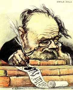 Cartoon by Emile Zola writing, visibly lacking inspiration - Illustration by Charles Leandre in 