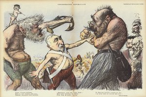 Emile Combes attempting to keep Camille Pelletan and Maurice Rouvier apart, illustration for Le Rire