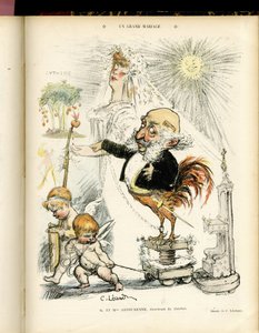 Illustration of Charles Leandre in Le Rire, 22/10/04 - Un grand mariage - Marriage - Coq, Meyer Arthur - Animalisation by Charles Leandre