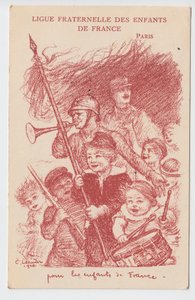 Postcard, Satirical in Colors: Ligue fraternelle des enfants de France - War of 14-18, Childhood, Patriotic Days Illustration by Charles Leandre (1862-1934) by Charles Leandre