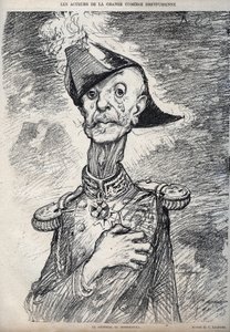 The actors of the great Dreyfussian comedy - Portrait of Raoul Le Mouton de Boisdeffre, French military - cartoon by Charles Leandre in Le Rire by Charles Leandre