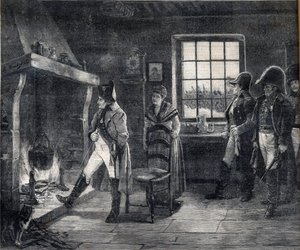 Emperor Napoleon I Heating Himself by a Wood Fire in a Snow Landscape - Napoleon After the Battle of Waterloo in 1814 - Engraving After the Painting of Charles Louis Kratke (1848-1921).