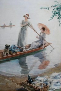 Two girls with their pet pug paddling back to their picnic by Charles MacIvor or MacIver Grierson