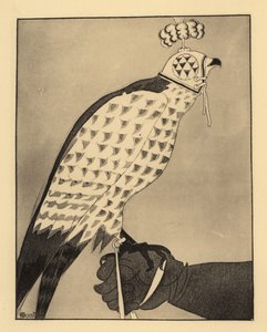 Hunting falcon in hood perched on a falconer’s gauntlet