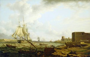 A third-class British Royal Navy warship entering Port Mahon, with a small craft that carries officers to the dock