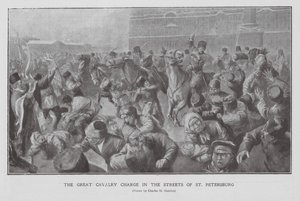Cavalry charging a crowd in the streets of St Petersburg, First Russian Revolution by Charles Mills (after) Sheldon
