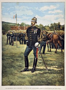 The Fire Regiment has the Longchamps magazine (Portrait of Colonel Couston), illustration by Charles Morel (1861-1908). Engraving from 1887 in 