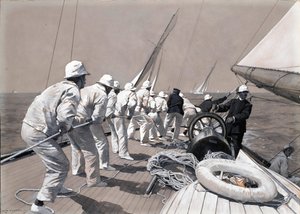 Hoisting the Main Sail Aboard the Brynhild, a Racing Boat, Winner of the Kings Cup