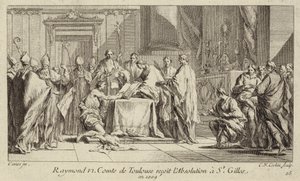 Raymond VI, Count of Toulouse, humbling himself at the Church of St Gilles in order to have his excommunication lifted