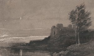 A Castle at the Waterside by Moonlight