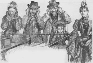Visitors to the Paris Exhibition listening to the phonograph