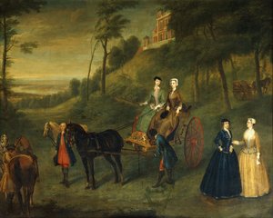 Ladies and Maids of Honour in Greenwich Park: A Group Portrait of Juliana, Duchess of Leeds, Lady Charlotte Hamilton, Lady Isabella Tufton and Henrietta, Countess of Pomfret, all Wearing Riding Habits, with Groom and Horses in front of the Observatory