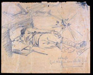 Lieutenant Leslie Gooldie asleep under shell fire, 1915