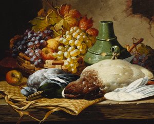 A Mallard and a Woodpigeon with a Basket of Apples and Grapes on a Wooden Ledge by Charles Thomas Bale