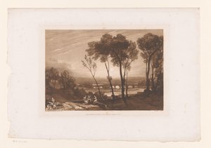 Landscape with Three Shepherds and Bridge with Eight Arches by Charles Turner