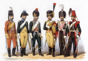 Costumes of the French army: Lancers g-d: 1745 file hunter (under Louis XV); 1785 under Louis XVI; 1794 republic; 1810 imperiale guard (1st empire); 1824 royal guard (restoration); 1840