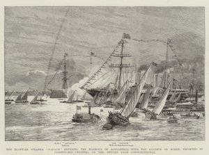 The Egyptian Steamer Fayoum entering the Harbour of Alexandria with the Khedive on Board, escorted by Coastguard Cruisers, on the Return from Constantinople by Charles William Wyllie
