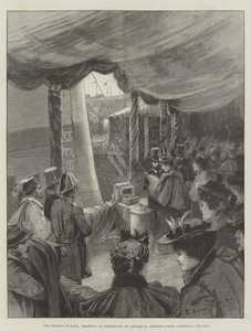 The Floating of HMS Majestic, at Portsmouth, on 31 January, Princess Louise christening the Ship by Charles William Wyllie