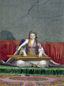 Turkish girl playing a keyboard plucking instrument, pub. 1707-08 by Charles de Ferriol