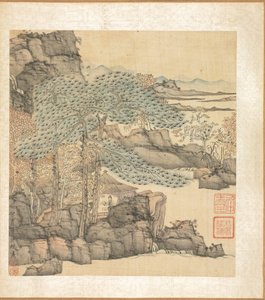 Paintings after Ancient Masters: Scholar Reading in a Thatched Hut by a Waterfall by Chen Hongshou