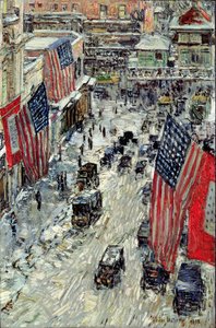 Flags on 57th Street, Winter 1918 by Childe Frederick Hassam