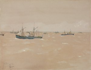Fruit Steamers Riding Out a Blow, Off the Coast of Spain by Childe Frederick Hassam