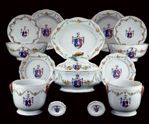 A Famille Rose Armorial Dinner Service Painted with the Arms of Tranefelt of Sweden