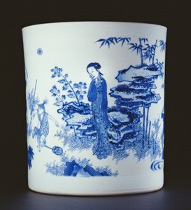 Blue and white brushpot painted with a lady and boys playing on hobbyhorses in a garden, Chongzheng, 1630-44