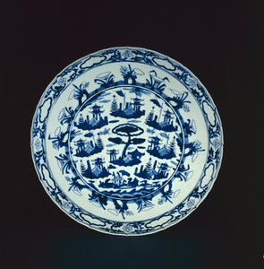 Blue and white dish painted with rocky islands and pavilions, Wanli or Tianqi, 1600-25