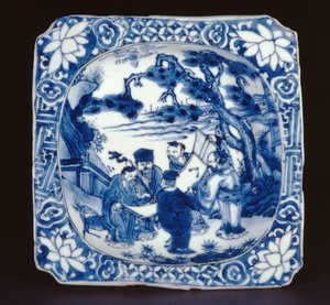 Blue and white kosometsuke square dish painted with Shoulao and other immortals, Tianqi, 1621-27
