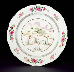 Dinner plate painted in famille rose enamels showing Table Mountain and four ships flying the Dutch flag off the Cape of Good Hope, Qianlong period c.1770