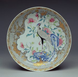 Dish painted with a long-tailed bird, rocks and flowers, Yongzheng Period, 1725-35