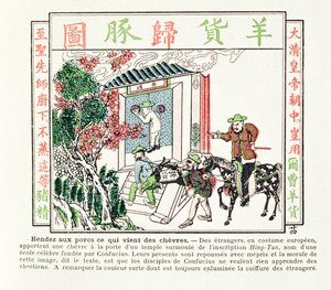 European foreigners at the gate of a temple of Confucius - their gift of a goat is refused with disdain, 1891