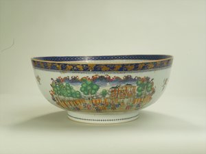 Famille rose punch bowl with oval foliate panel depicting the Grand Walk, Vauxhall Gardens in the 1750s, Qianlong Period, c.1790 by Chinese School