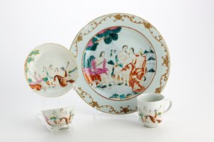 Plate, tea bowl, coffee cup and saucer decorated with representations of the Judgement of Paris