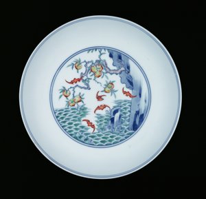 Porcelain Dish Painted in Underglaze Blue and Ducai Enamels, 1723-1735