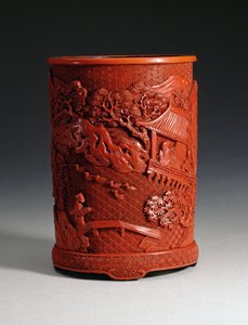 Red moulded brushpot depicting the famous calligrapher Wang Hsi-chih sitting in his pavilion retreat